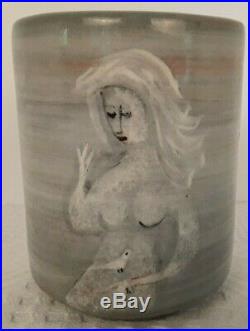 Polia Pillin Art Pottery Gray Vessel Aluring Mystical Woman Birds MCM Signed MUG