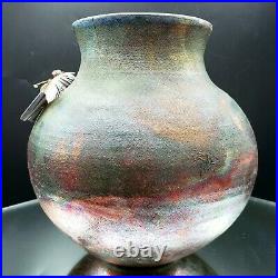 RAKU Pottery Fetish Bear Pot Vase Artist Signed Design Studio Art Dark Metallics