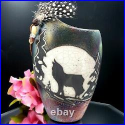 RAKU Pottery Howling Wolf Silhouette Vase Crackle Medallion Studio Art Southwest