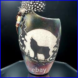RAKU Pottery Howling Wolf Silhouette Vase Crackle Medallion Studio Art Southwest
