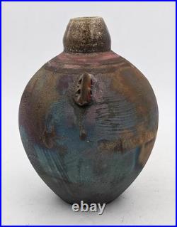 Raku Fired Studio Pottery Vase'c. T' Impressed Mark