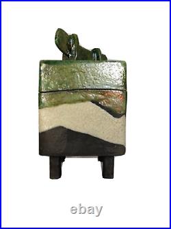 Raku Studio Pottery Steve Robinson Lidded Box Vessel Pot on Legs Oxides Canada