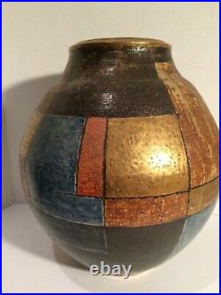 Rare Signed Bernard Forrester Large Geometric Vase Multi color + gold