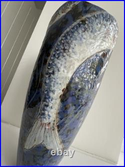 Rare and Perfect Roger Cockram Pottery Stoneware Blue Jumping Fish Vase c2004 Rare and Perfect Roger Cockram Pottery Stoneware Blue Jumping Fish Vase c2004
