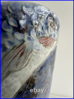 Rare and Perfect Roger Cockram Pottery Stoneware Blue Jumping Fish Vase c2004 Rare and Perfect Roger Cockram Pottery Stoneware Blue Jumping Fish Vase c2004