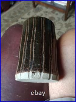 Retro Brutalist Tenmoku Glaze Cylinder Vase Stoneware Pottery. 5.25 Tall