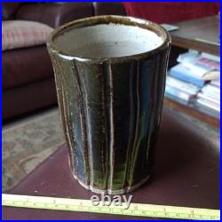 Retro Brutalist Tenmoku Glaze Cylinder Vase Stoneware Pottery. 5.25 Tall
