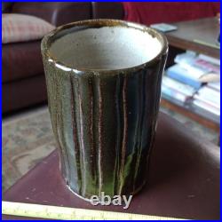 Retro Brutalist Tenmoku Glaze Cylinder Vase Stoneware Pottery. 5.25 Tall
