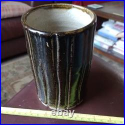 Retro Brutalist Tenmoku Glaze Cylinder Vase Stoneware Pottery. 5.25 Tall