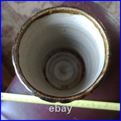 Retro Brutalist Tenmoku Glaze Cylinder Vase Stoneware Pottery. 5.25 Tall