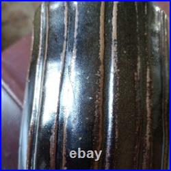 Retro Brutalist Tenmoku Glaze Cylinder Vase Stoneware Pottery. 5.25 Tall