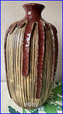 Retro vintage Tall Large Carved lava drip Studio Pottery Vase Makers brown 15