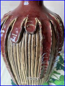 Retro vintage Tall Large Carved lava drip Studio Pottery Vase Makers brown 15
