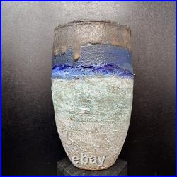 Robin Welch multi colour decorated Stoneware vase 18.5cm tall 11.5cm diam #2681