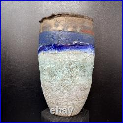 Robin Welch multi colour decorated Stoneware vase 18.5cm tall 11.5cm diam #2681