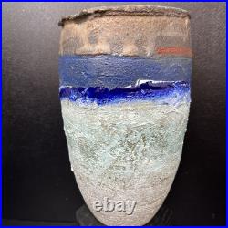 Robin Welch multi colour decorated Stoneware vase 18.5cm tall 11.5cm diam #2681