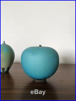 Rose Cabat Feelie Trio Vases Signed Pottery Aqua Blue
