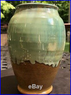 Shearwater Pottery High Glaze Vase Mottled Green & Tan-Impressed Mark