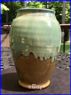 Shearwater Pottery High Glaze Vase Mottled Green & Tan-Impressed Mark