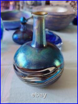 Siddy Langley 2001 Studio Art Glass Long Neck Vase Blue White Iridescent Signed