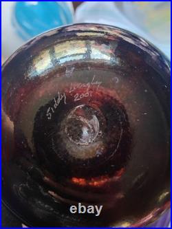 Siddy Langley 2001 Studio Art Glass Long Neck Vase Blue White Iridescent Signed