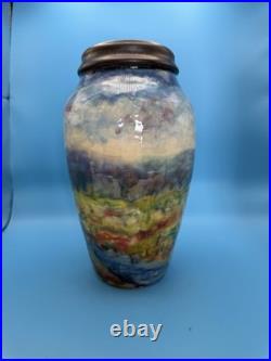 Signed Corbett Studio Art Pottery Vase Multicolor Landscape Glaze Large