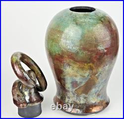 Signed Raku Vase Studio Pottery Snake Lid Abstract Sculptural Vessel Jar