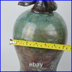 Signed Raku Vase Studio Pottery Snake Lid Abstract Sculptural Vessel Jar