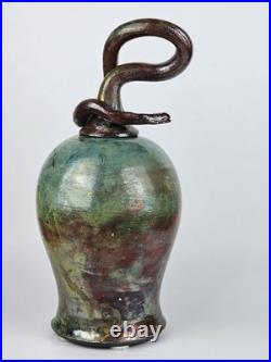 Signed Raku Vase Studio Pottery Snake Lid Abstract Sculptural Vessel Jar