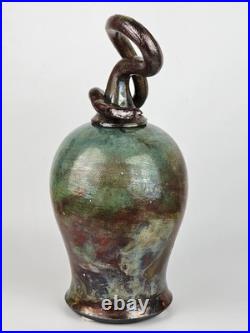 Signed Raku Vase Studio Pottery Snake Lid Abstract Sculptural Vessel Jar