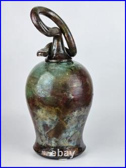 Signed Raku Vase Studio Pottery Snake Lid Abstract Sculptural Vessel Jar