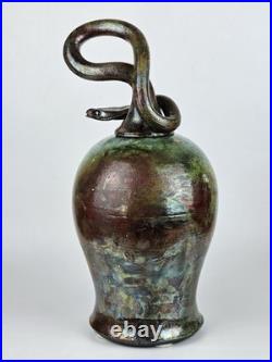 Signed Raku Vase Studio Pottery Snake Lid Abstract Sculptural Vessel Jar