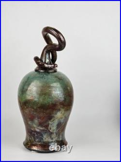Signed Raku Vase Studio Pottery Snake Lid Abstract Sculptural Vessel Jar