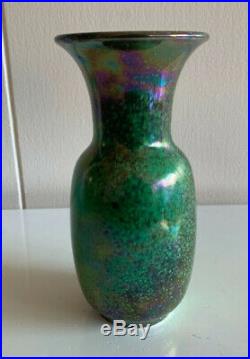 Signed dated 1923 high fired Ruskin pottery vase mottled green souffle glaze