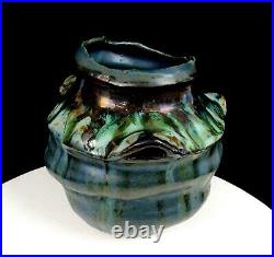 Studio Art Pottery Asian Inspired Brutalist Drip Glaze Handled 7 3/8 Vase