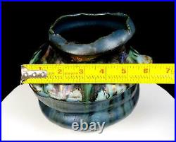 Studio Art Pottery Asian Inspired Brutalist Drip Glaze Handled 7 3/8 Vase