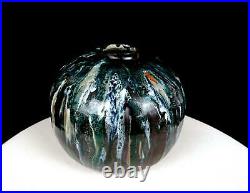 Studio Art Pottery Colleen Signed Green Drip Glaze Heavy 5 1/4 Ball Vase