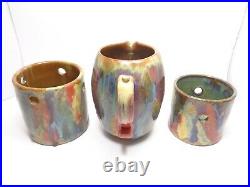 Studio Art Pottery Multi-colored Rainbow Drip Glaze Pitcher Canisters 3 Pc Set
