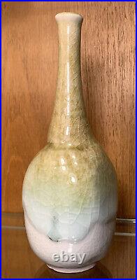 Studio Bud Vase Green Heavy Drip Crackle Glaze Pottery 8 Marked Original Art