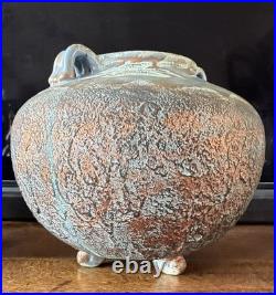 Studio Pottery Large Blue Gold Cauldron