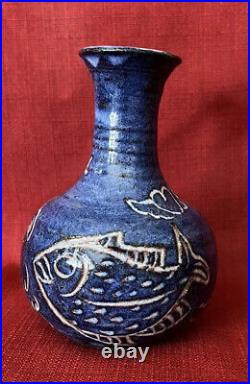 Studio Pottery Vase Scribble Fish Signed Debbie Kahn Cobalt Blue Glaze Scrafitto