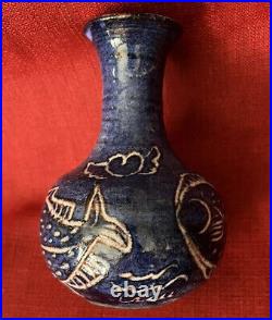 Studio Pottery Vase Scribble Fish Signed Debbie Kahn Cobalt Blue Glaze Scrafitto
