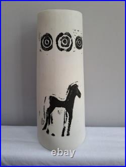 Studio Pottery Vase Signed Melina Xenaki Handmade Lino-Cut, Cycladic Horse Motif