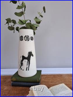 Studio Pottery Vase Signed Melina Xenaki Handmade Lino-Cut, Cycladic Horse Motif