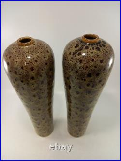 Studio Pottery Vases Brown Beige Speckled Set of 2 Vintage 12.5 Tall Ex Con