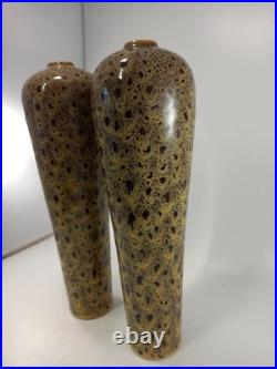 Studio Pottery Vases Brown Beige Speckled Set of 2 Vintage 12.5 Tall Ex Con