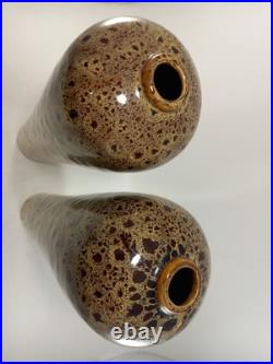 Studio Pottery Vases Brown Beige Speckled Set of 2 Vintage 12.5 Tall Ex Con
