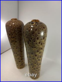 Studio Pottery Vases Brown Beige Speckled Set of 2 Vintage 12.5 Tall Ex Con