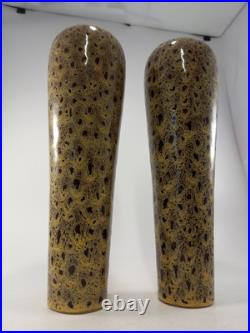 Studio Pottery Vases Brown Beige Speckled Set of 2 Vintage 12.5 Tall Ex Con