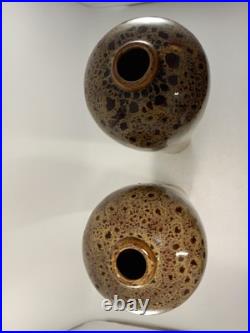 Studio Pottery Vases Brown Beige Speckled Set of 2 Vintage 12.5 Tall Ex Con